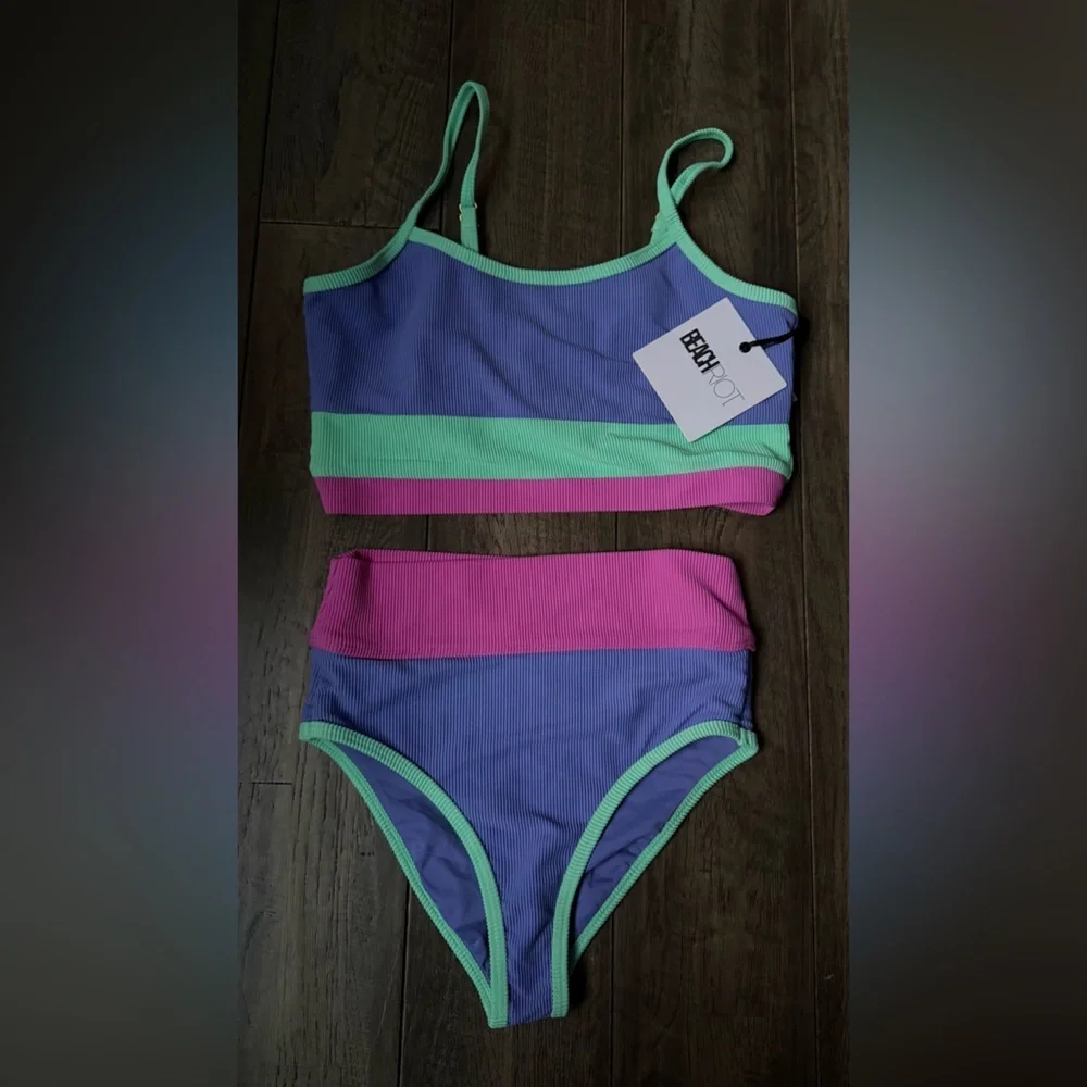 Beach Riot Big Girls Eva & Emmie Two Piece Swimsuit High Tide Colorblock 13/14